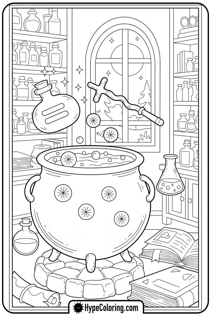 cauldron-and-beaker-in-a-wizard-s-lab - addition coloring pages