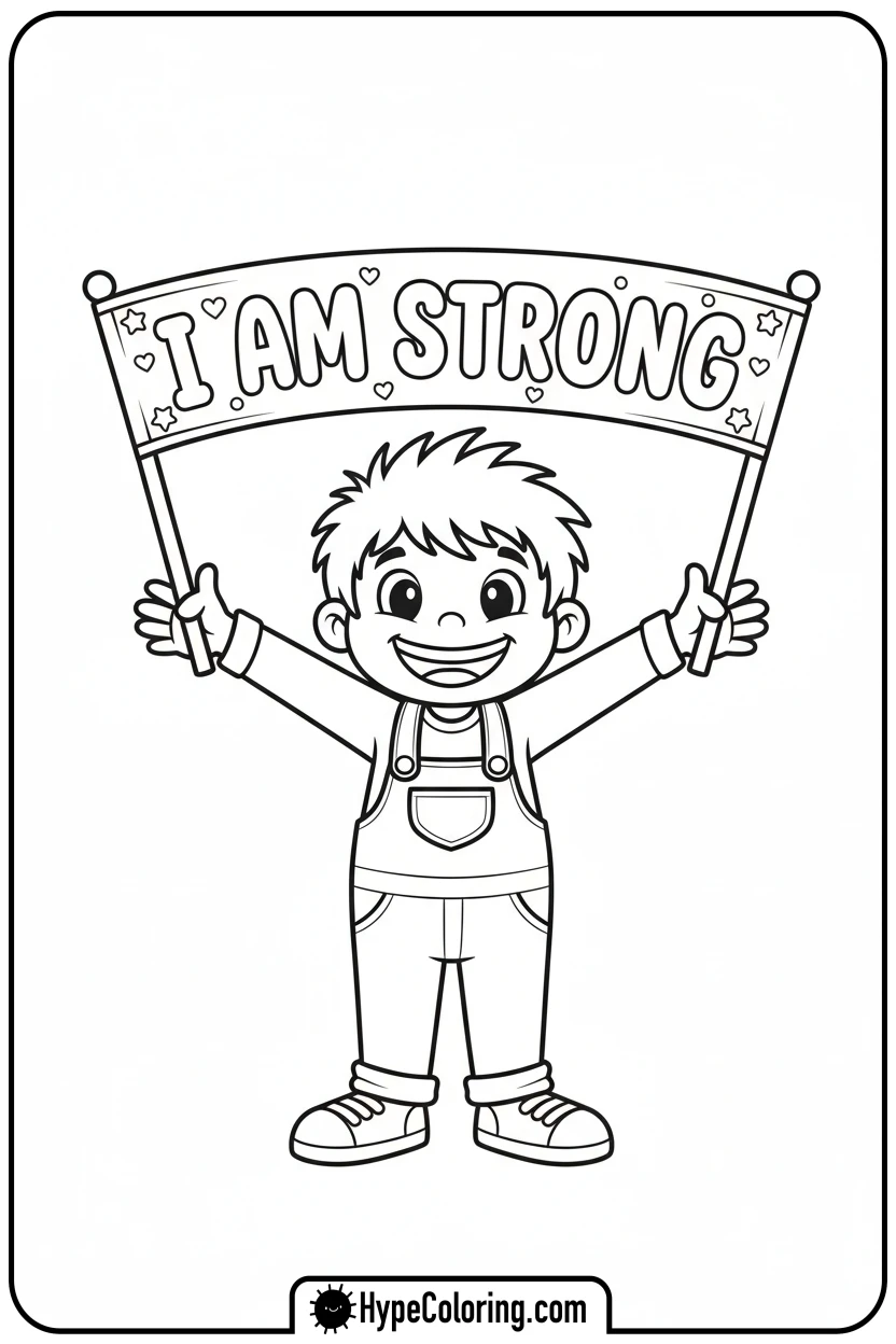 child-character-holding-i-am-strong-banner - affirmation coloring pages