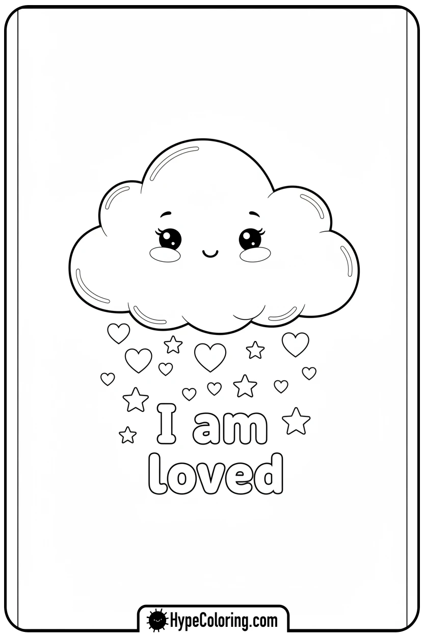 cloud-character-raining-hearts-and-i-am-loved - affirmation coloring pages