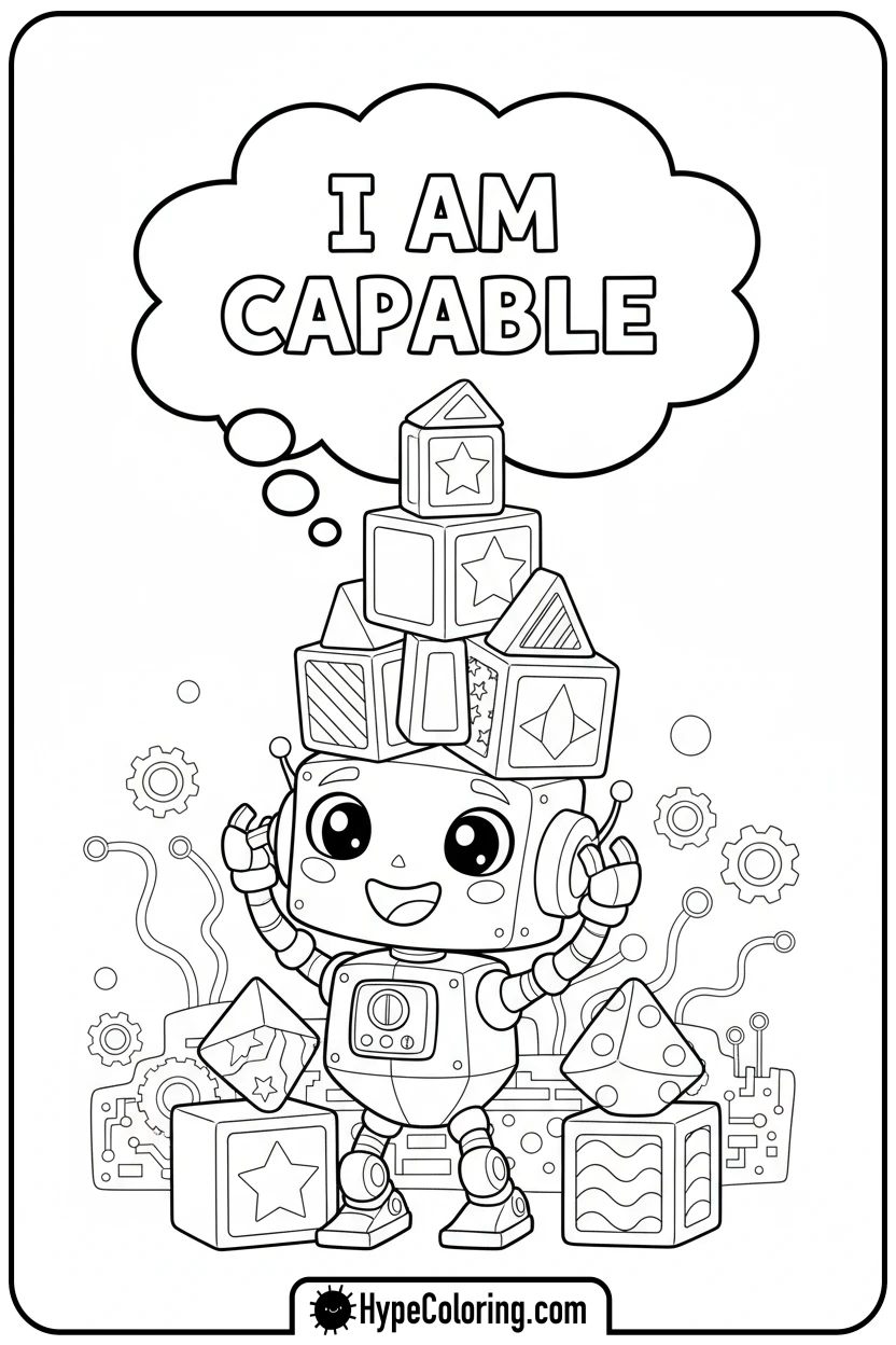 robot-building-block-tower-i-am-capable - affirmation coloring pages