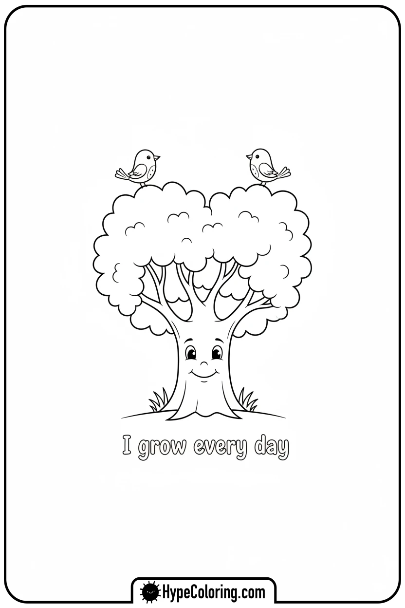 whimsical-tree-forming-heart-i-grow-every-day - affirmation coloring pages