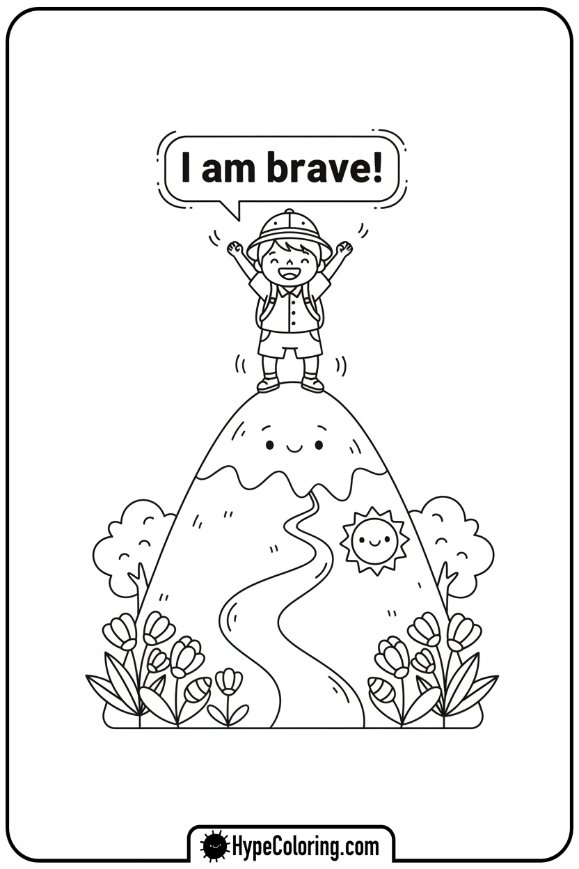 explorer-character-on-mountain-i-am-brave - affirmation coloring pages