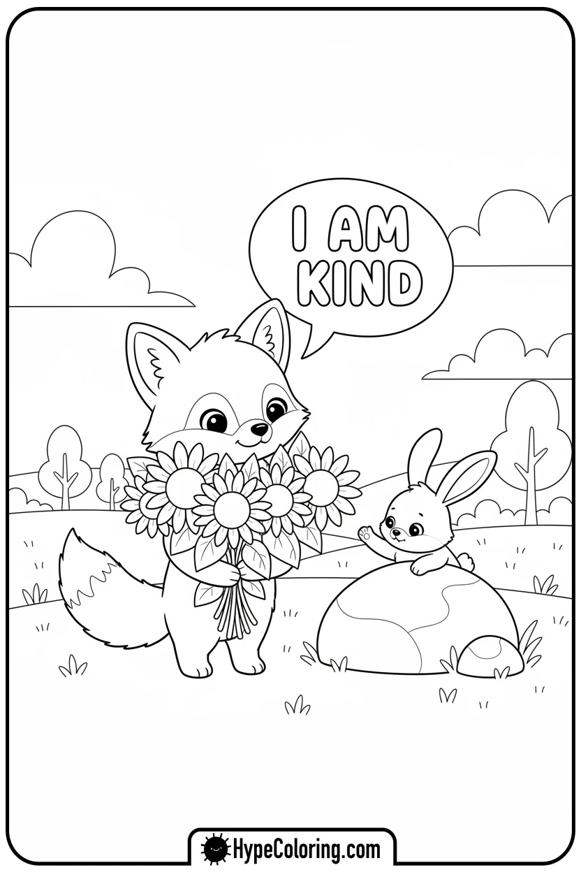 fox-character-offering-flowers-i-am-kind - affirmation coloring pages
