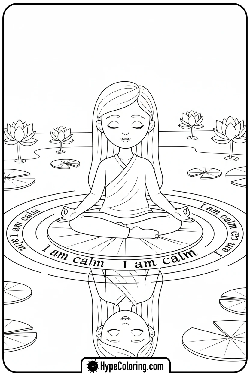 peaceful-character-meditating-on-lily-pad - affirmation coloring pages