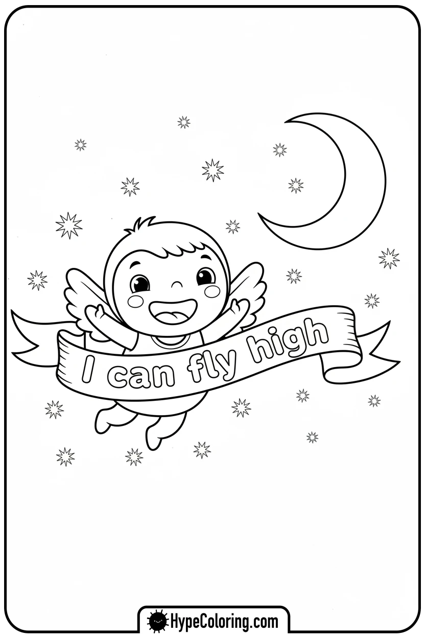 winged-character-flying-through-stars - affirmation coloring pages