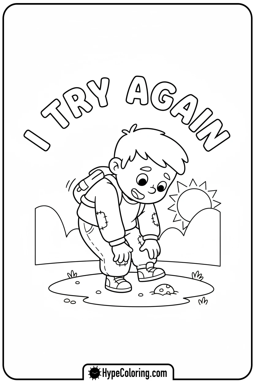 character-brushing-off-knees-i-try-again - affirmation coloring pages