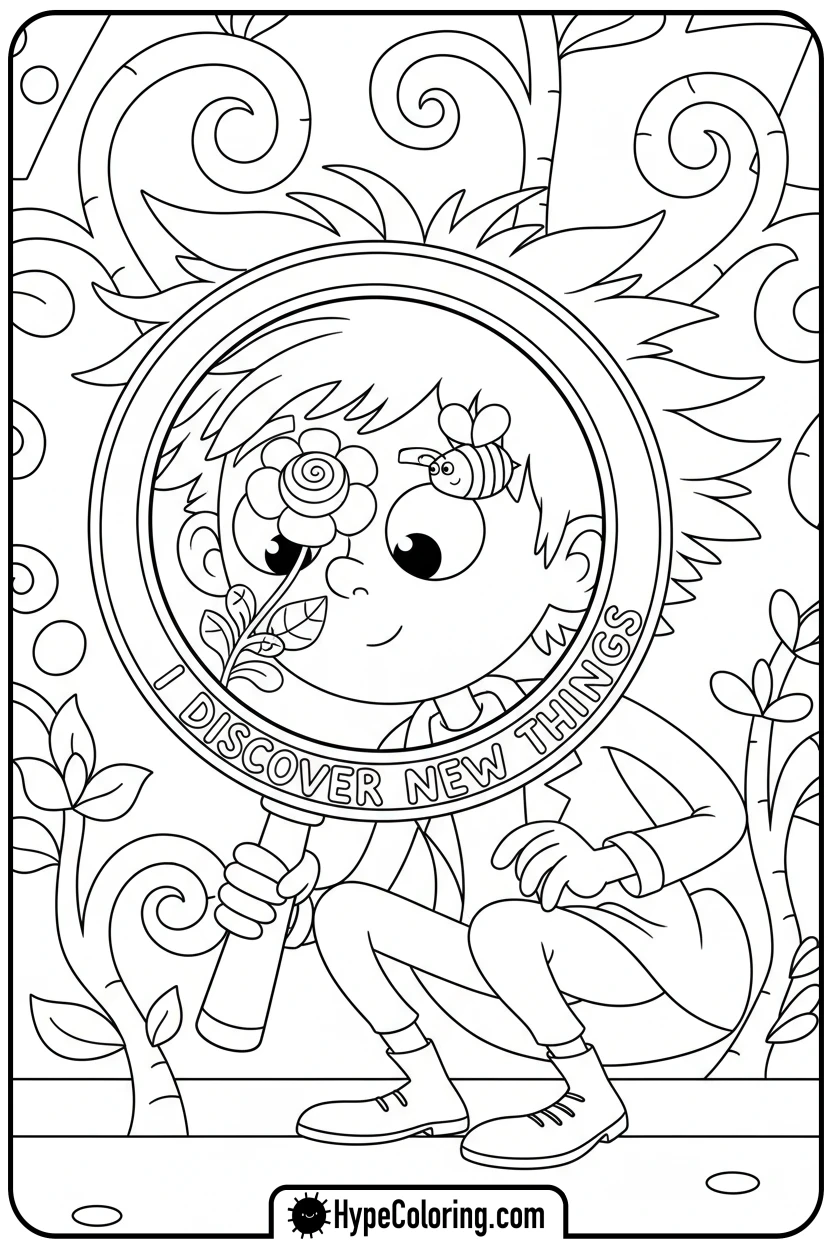 curious-character-magnifying-flower - affirmation coloring pages