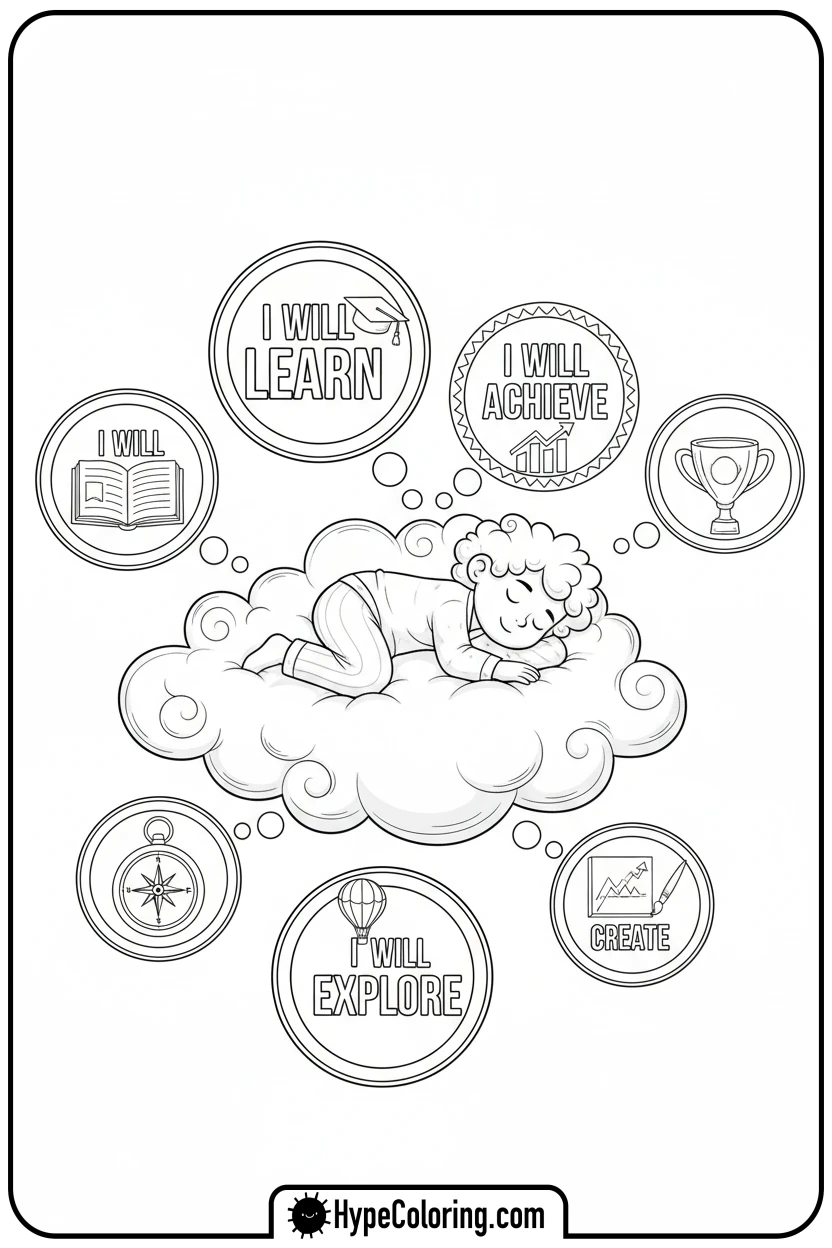 character-sleeping-on-cloud-with-dream-bubbles - affirmation coloring pages