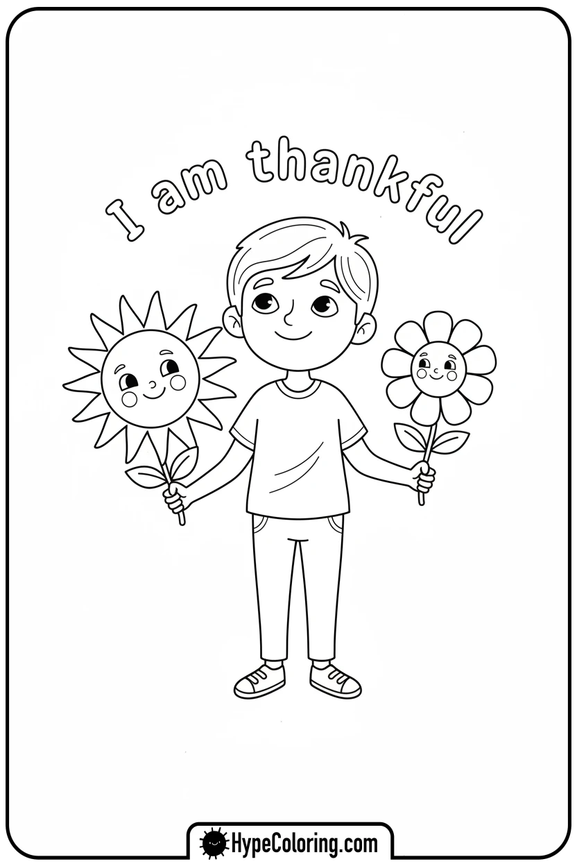 grateful-character-with-sun-and-flower - affirmation coloring pages