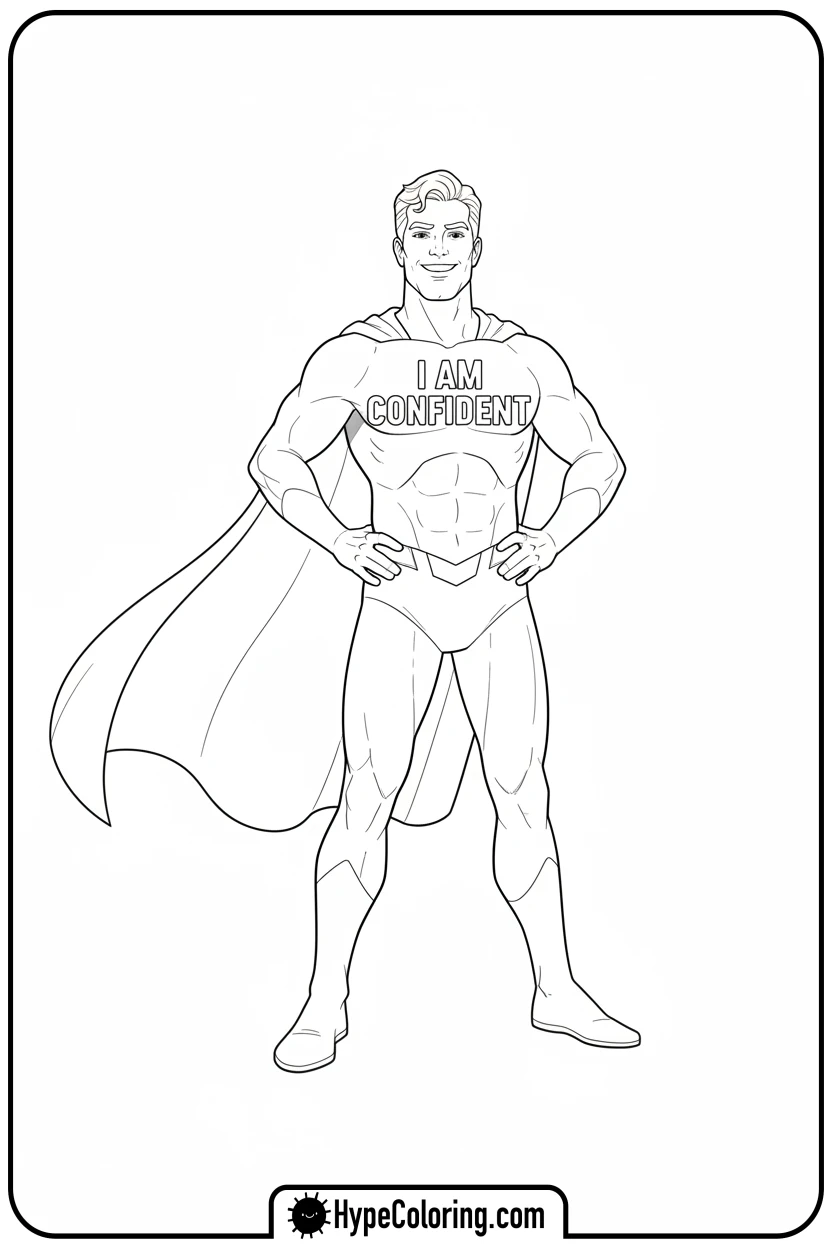confident-character-with-cape-hands-on-hips - affirmation coloring pages