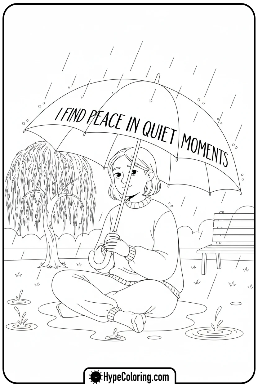 character-under-umbrella-in-rain-i-find-peace - affirmation coloring pages