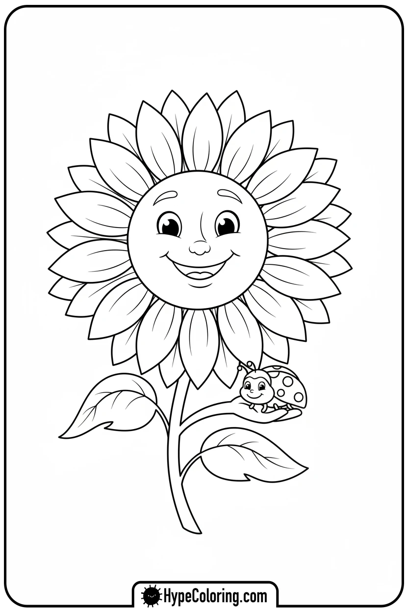 Click to download PDF smiling-sunflower-with-ladybug - adult coloring flower pages