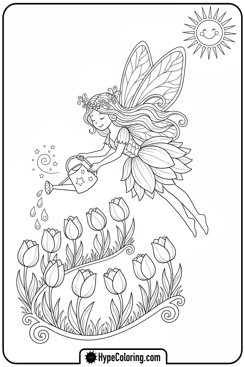 Click to download PDF flower-fairy-watering-tulips - adult coloring flower pages