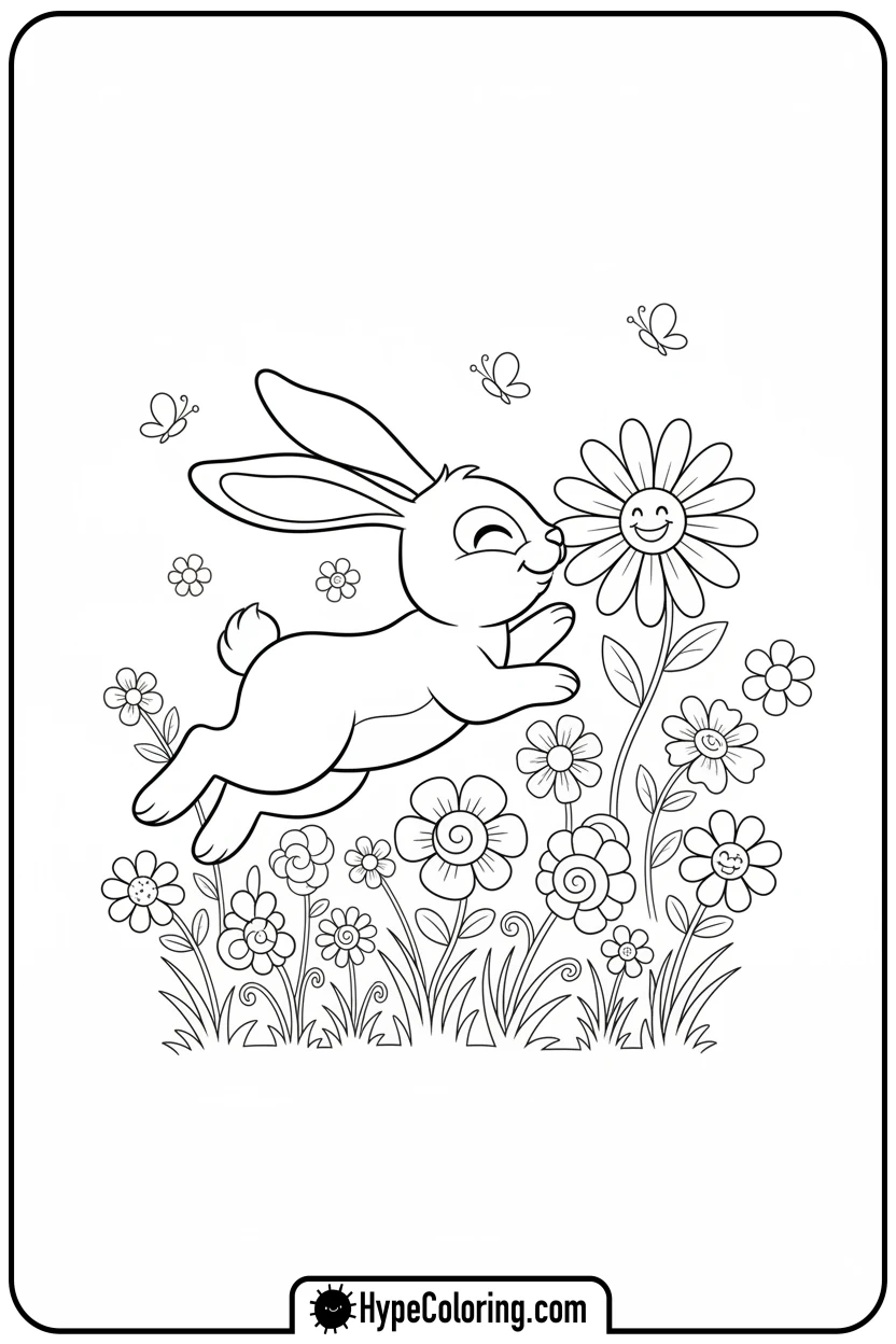 Click to download PDF bunny-in-wildflower-field - adult coloring flower pages
