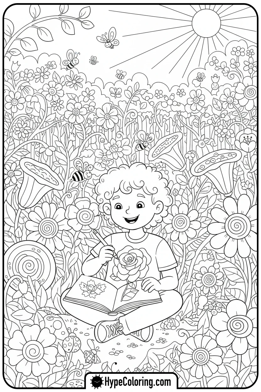 Click to download PDF child-drawing-in-flower-garden - adult coloring flower pages