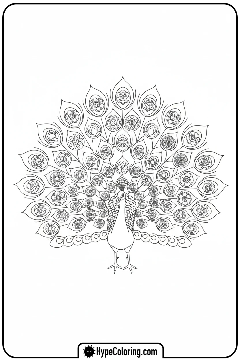 Click to download PDF peacock-with-flower-tail - adult coloring flower pages