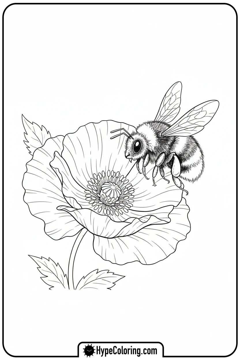 Click to download PDF bumblebee-with-poppy - adult coloring flower pages
