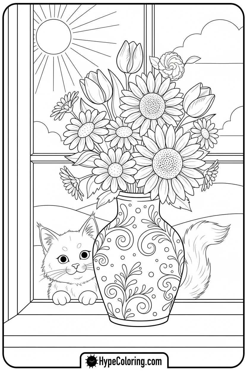 Click to download PDF flower-bouquet-with-kitten - adult coloring flower pages