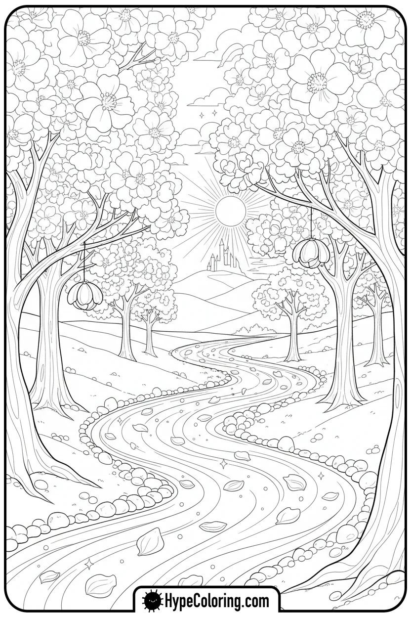 Click to download PDF petal-river-landscape - adult coloring flower pages