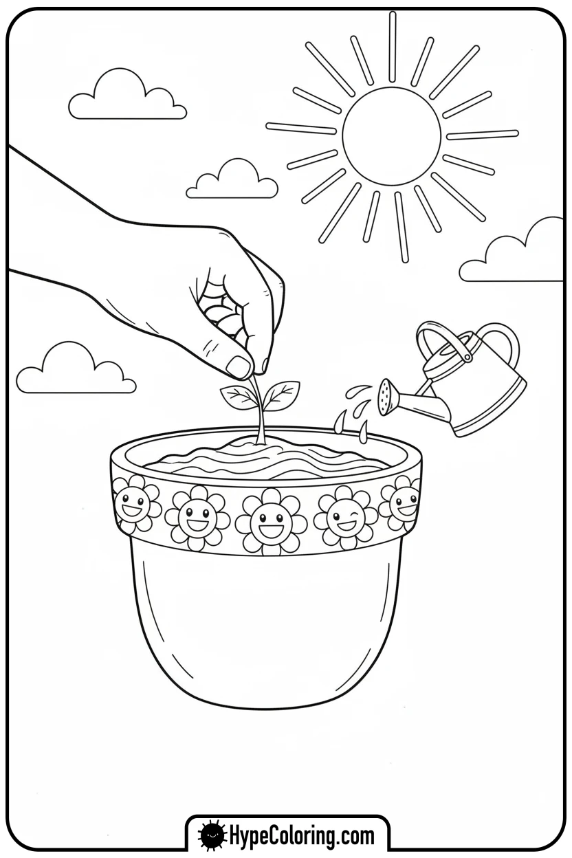 Click to download PDF child-planting-flower-pot - adult coloring flower pages