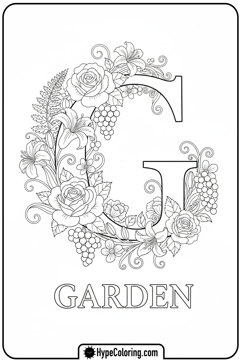 Click to download PDF floral-letter-g - adult coloring flower pages