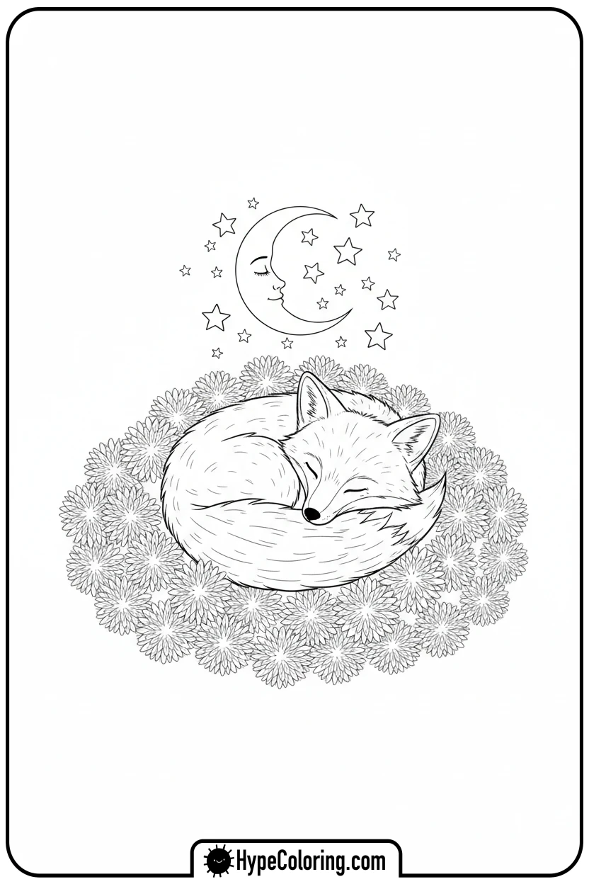 Click to download PDF fox-sleeping-in-dandelions - adult coloring flower pages