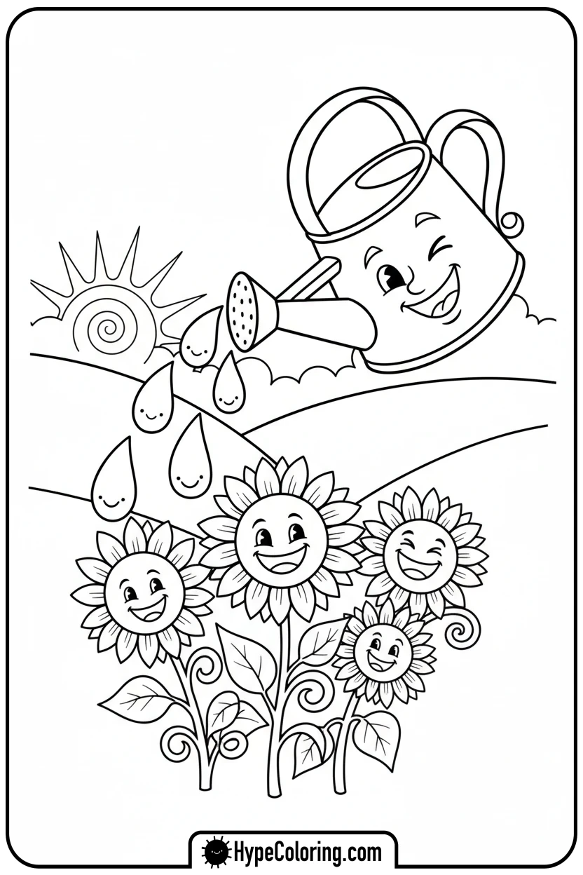 Click to download PDF winking-watering-can-with-sunflowers - adult coloring flower pages