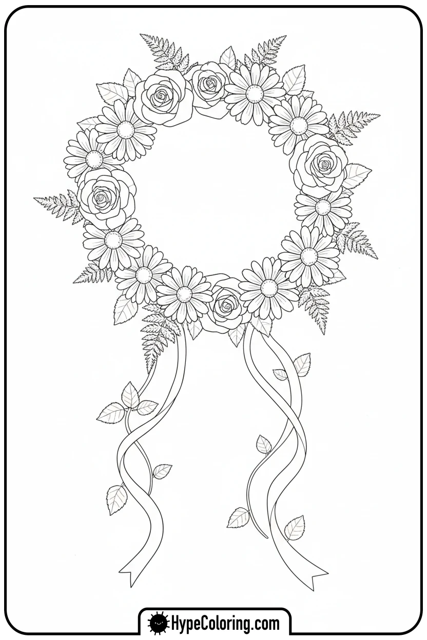 Click to download PDF floral-crown-with-ribbons - adult coloring flower pages