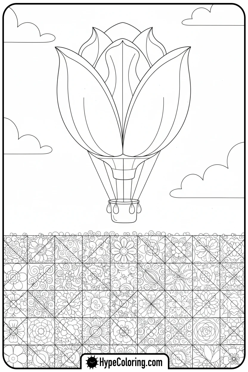 Click to download PDF tulip-hot-air-balloon - adult coloring flower pages