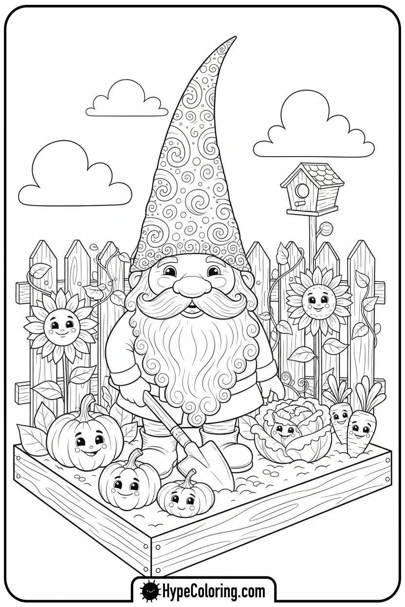 Click to download PDF garden-gnome-with-spade - adult coloring flower pages