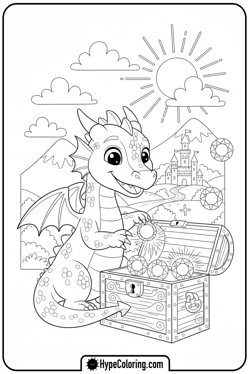 dragon-adding-magic-gems-to-chest - addition coloring pages