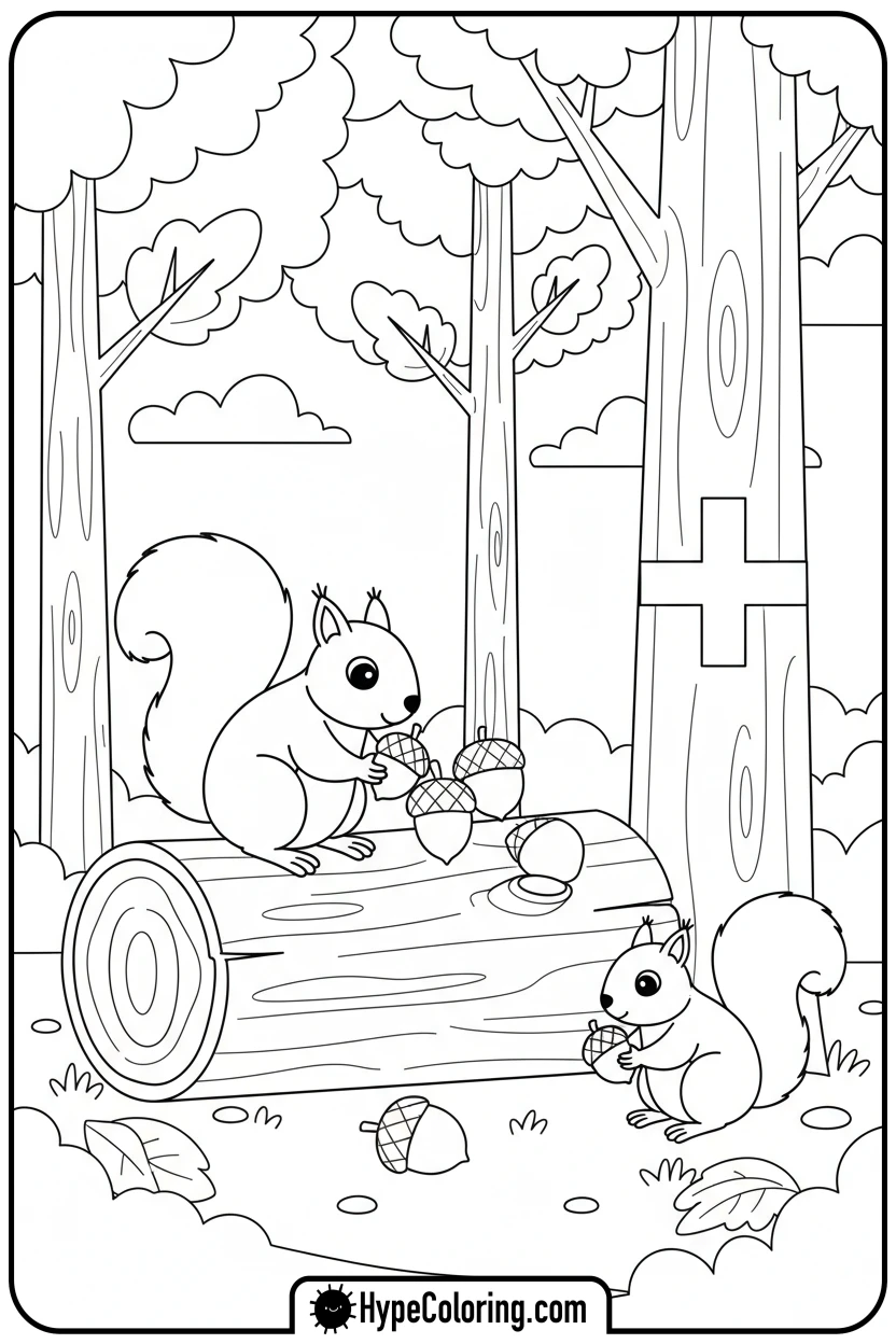 squirrels-adding-acorns-to-log - addition coloring pages