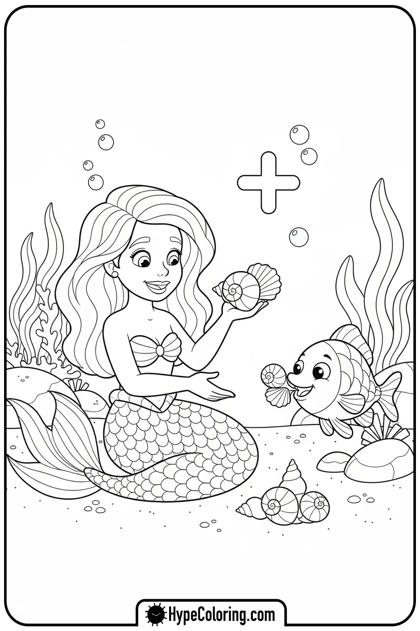 mermaid-and-fish-adding-seashells - addition coloring pages