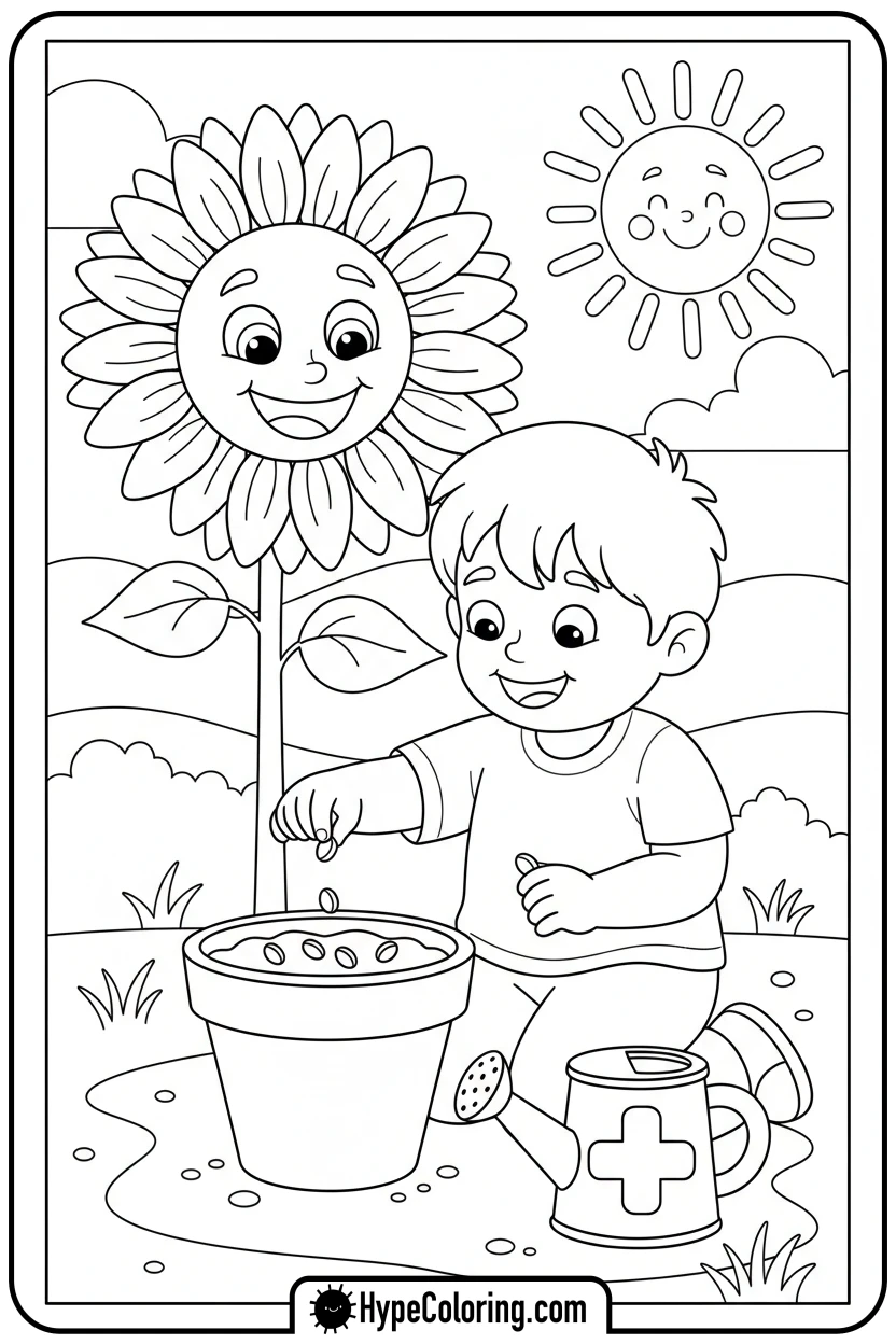 child-planting-seeds-in-a-pot - addition coloring pages