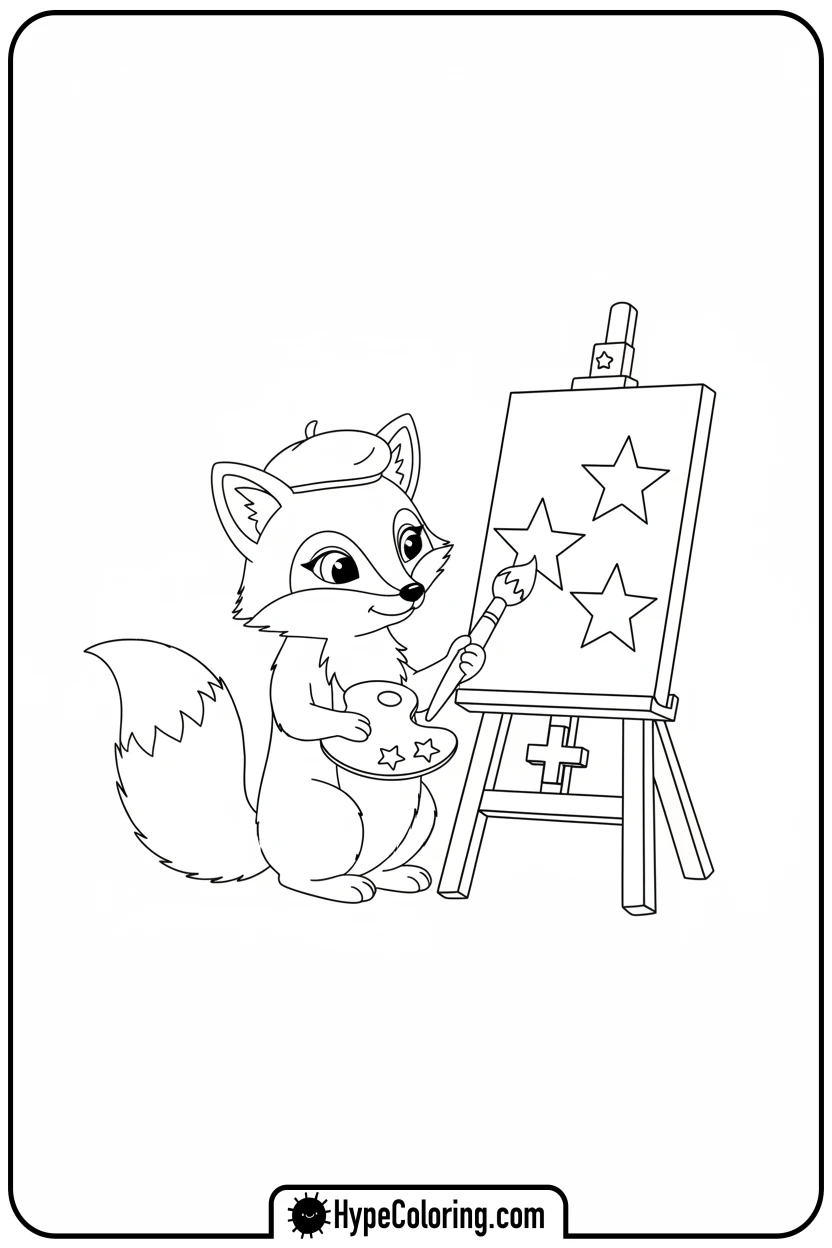 fox-artist-adding-stars-to-canvas - addition coloring pages