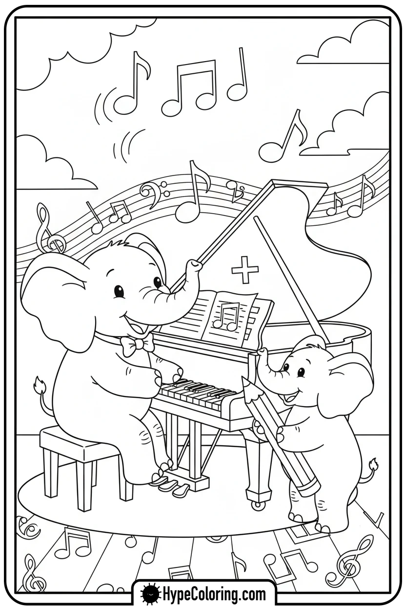 elephants-making-music-together - addition coloring pages