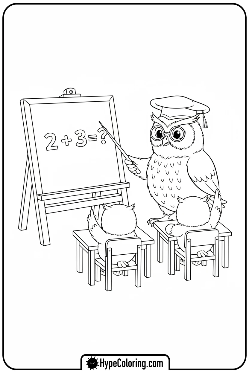 owl-teacher-with-addition-problem - addition coloring pages