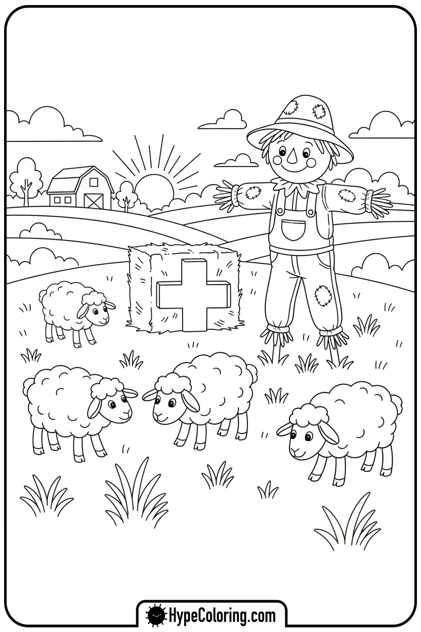 scarecrow-with-sheep-in-field - addition coloring pages