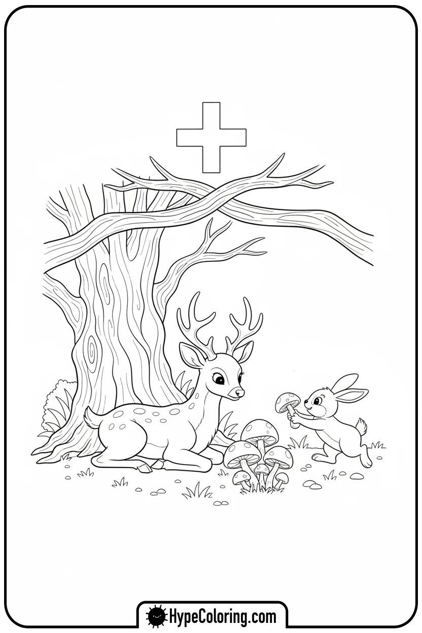 deer-and-bunny-finding-mushrooms - addition coloring pages