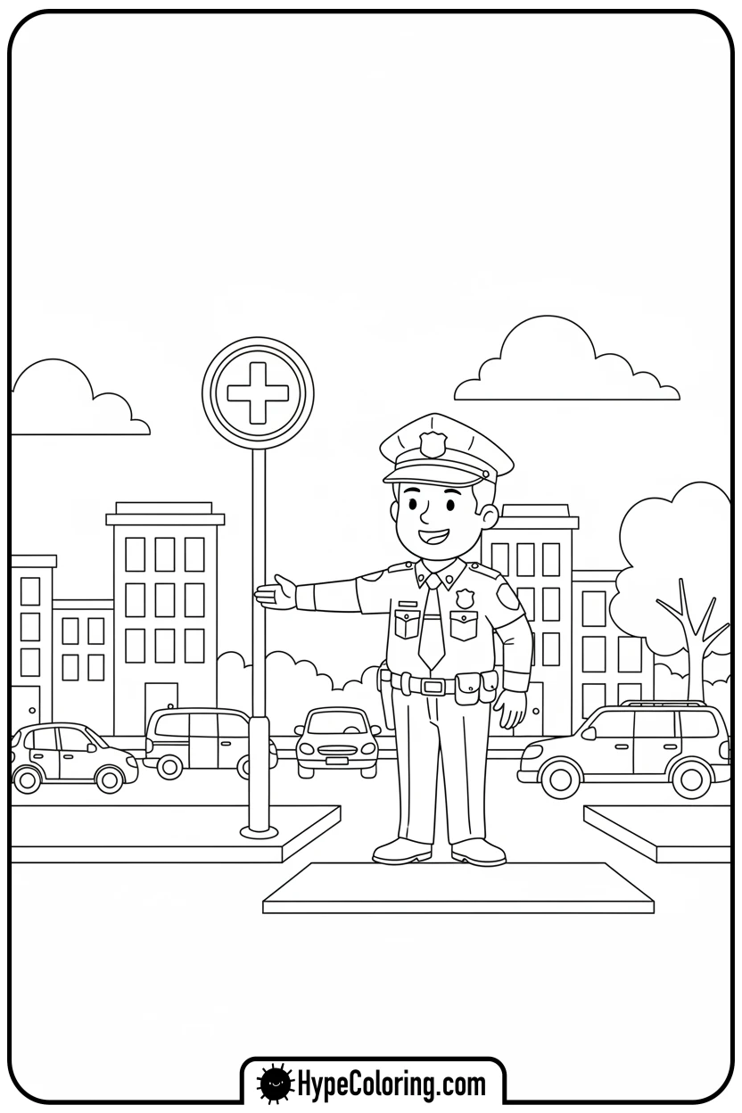 police-officer-with-cars-at-intersection - addition coloring pages