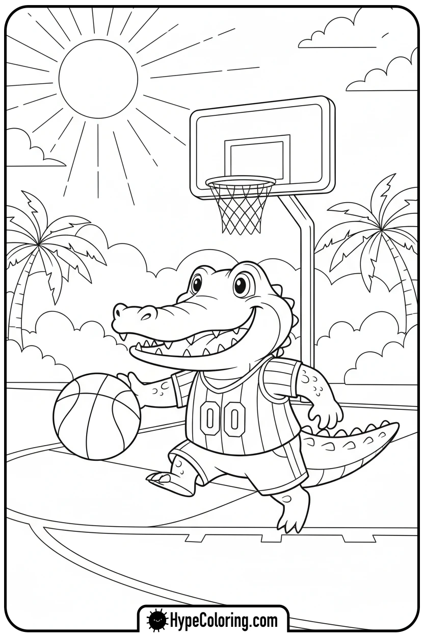 cheerful-alligator-playing-basketball - alligator color pages