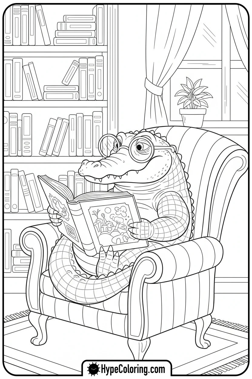 alligator-reading-in-armchair - alligator color pages