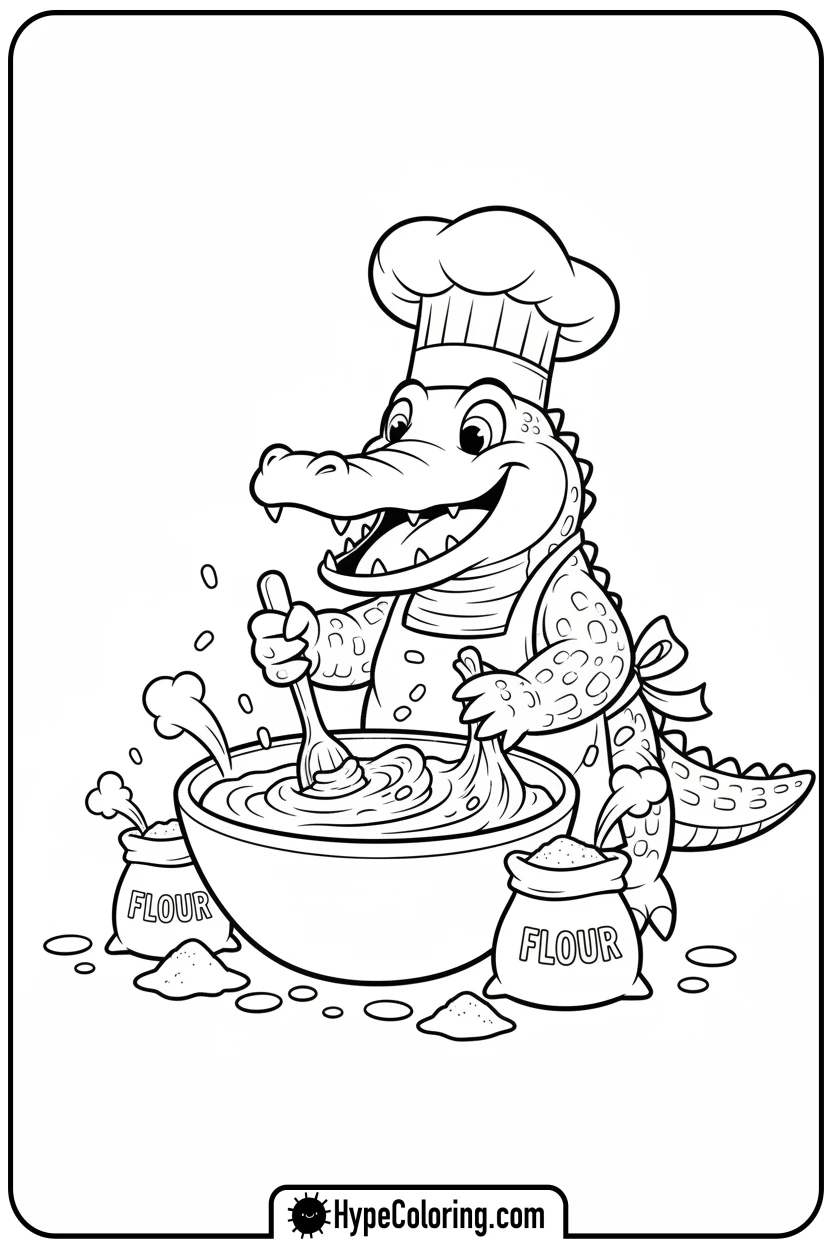alligator-baking-cake-batter - alligator color pages