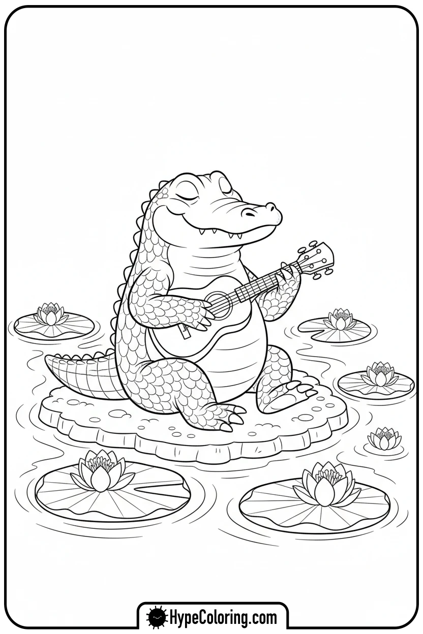 alligator-playing-ukulele-by-river - alligator color pages
