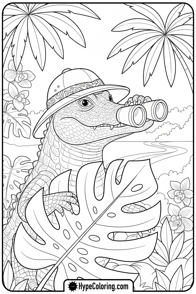 alligator-exploring-with-binoculars - alligator color pages