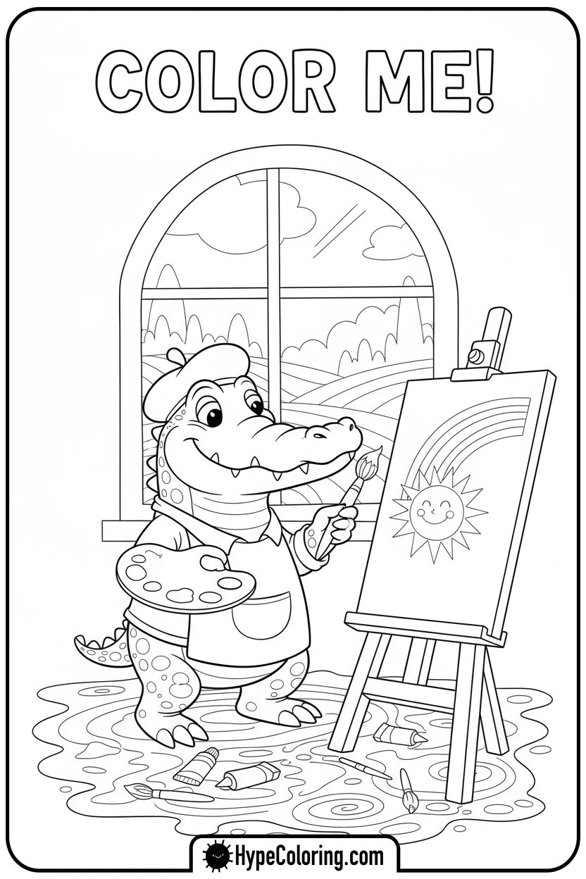 alligator-painting-a-rainbow - alligator color pages