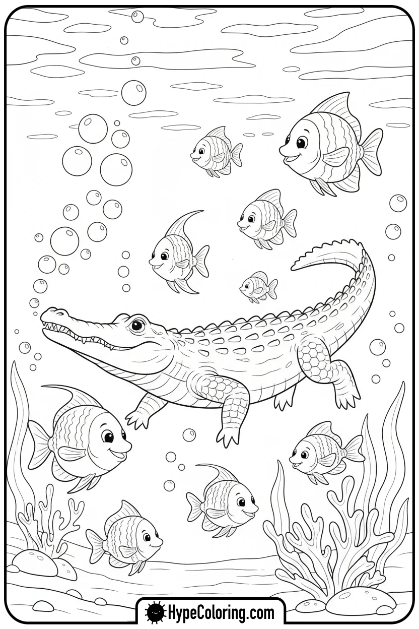 alligator-swimming-with-fish - alligator color pages