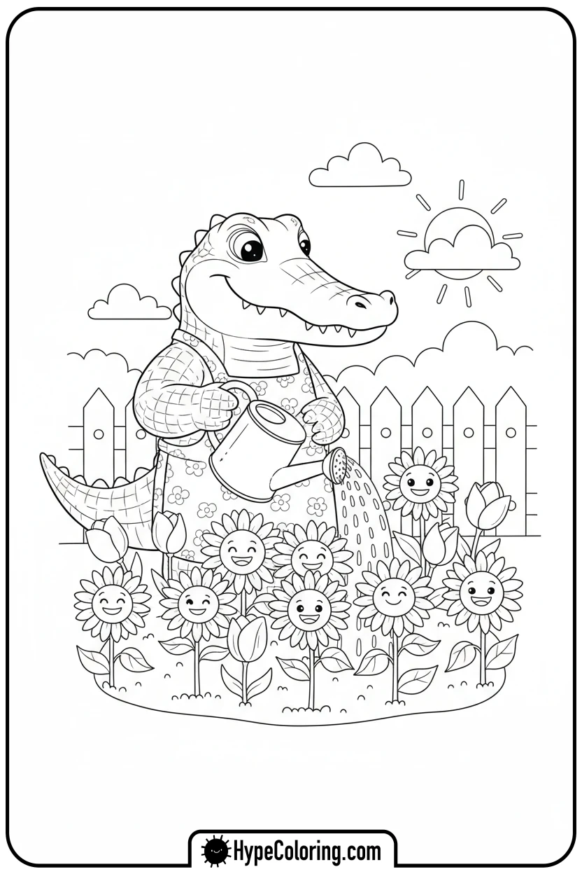 alligator-watering-sunflowers - alligator color pages