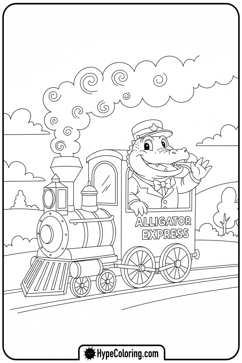 alligator-train-conductor-waving - alligator color pages