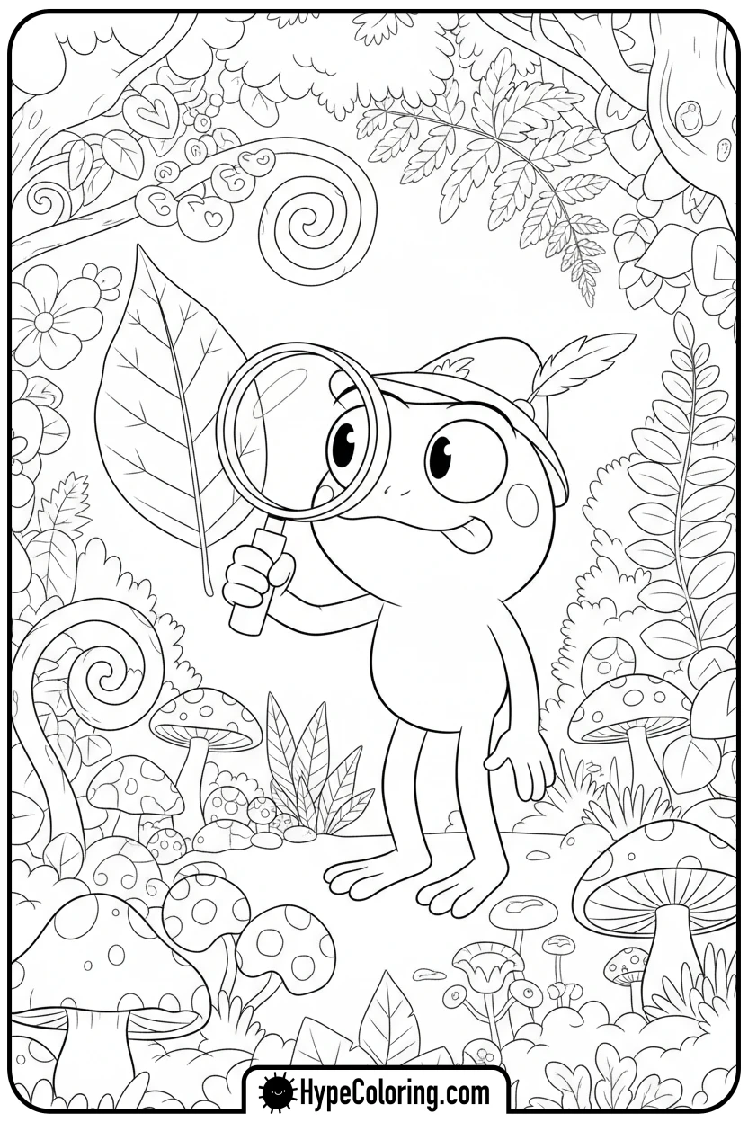 Click to download PDF sprig-inspecting-leaf-with-magnifier - amphibia coloring pages sprig